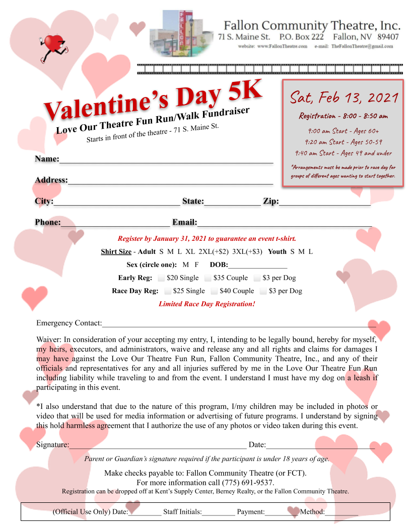 Fun Run Form Valentine’s Day Love Our Theatre 5K Fun Run/Walk Registration Form ...